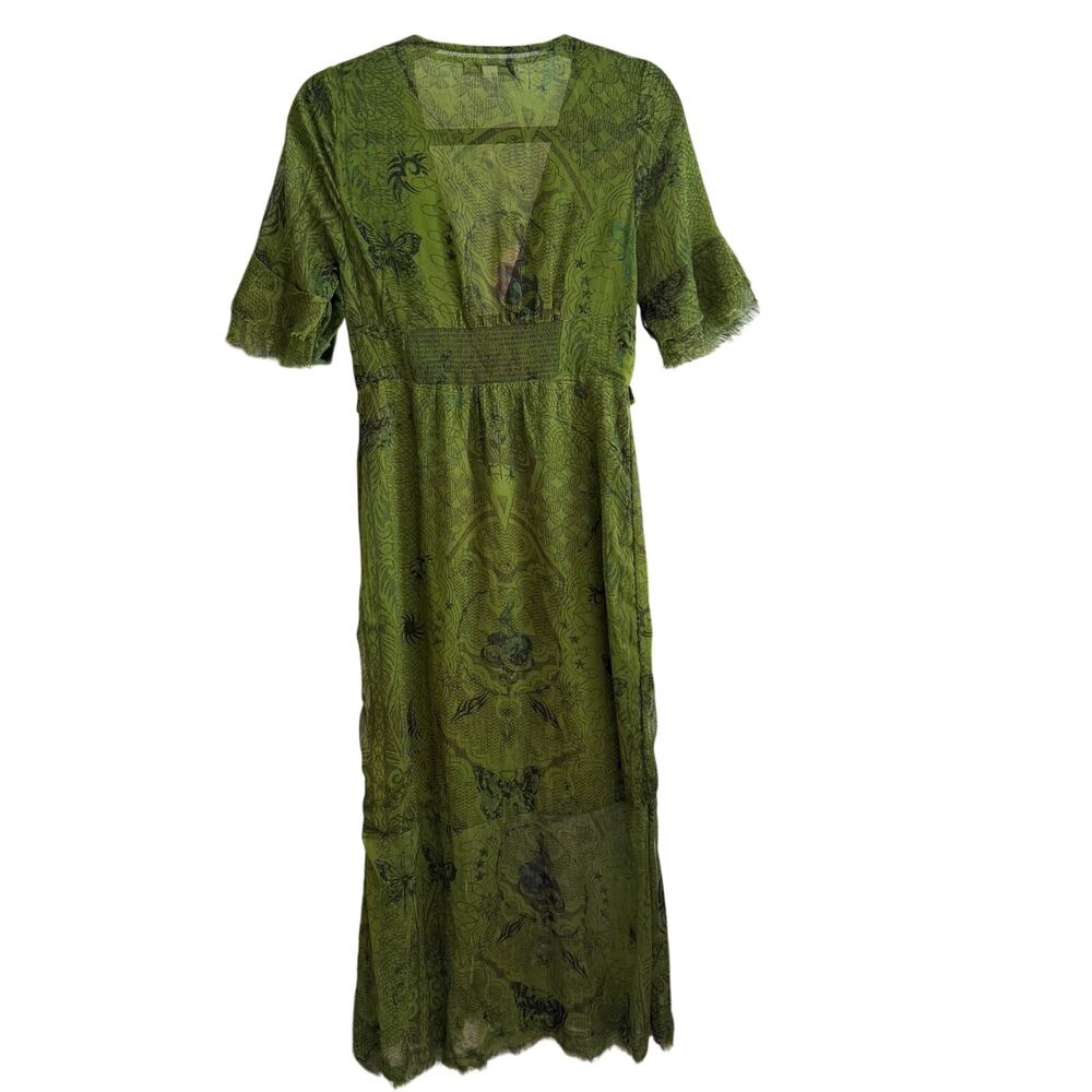 Urban Outfitters Dragon Print Sheer Maxi Dress Green Deep V Slit Women’s M - Picture 3 of 16